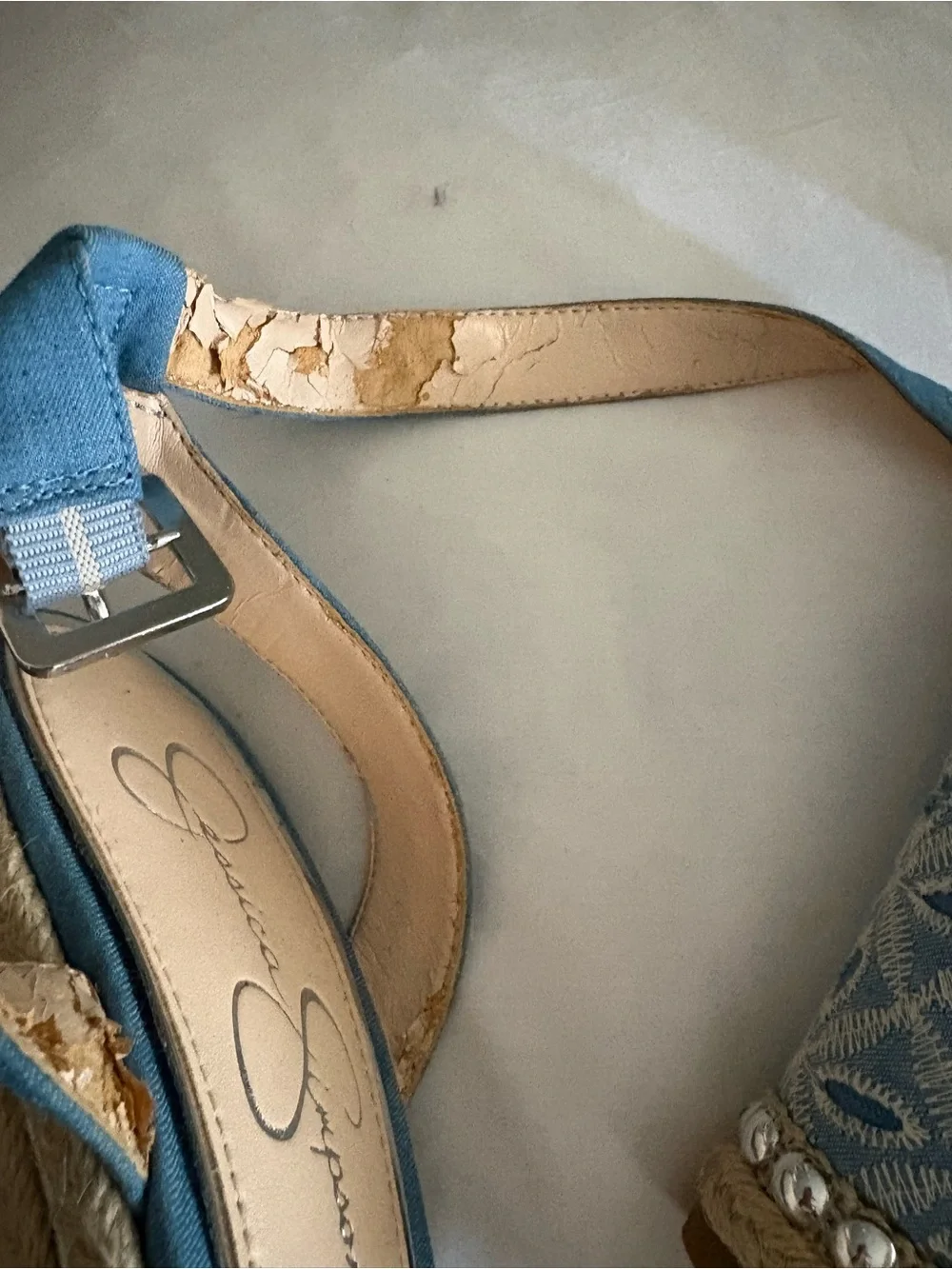 Jessica Simpson Blue Embroidered Espadrille Wedge Sandals with silver studs Trim